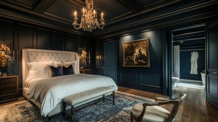 Opulent Master Bedroom Suite: Dark Navy Walls, Crystal Chandelier, and Plush Bedding