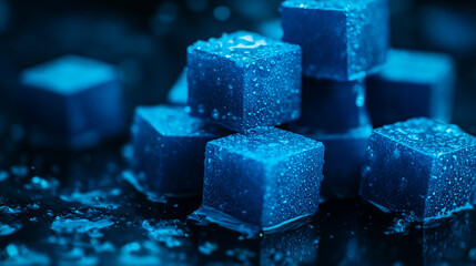 Blue gelatin cubes glistening with water droplets on a dark surface