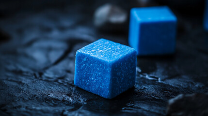 Bright blue sugar cubes on dark stone surface create striking contrast in a modern kitchen