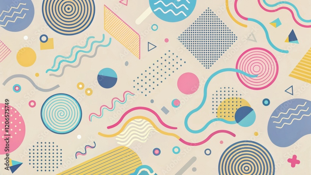 Sticker vibrant abstract composition featuring geometric shapes and swirls in a playful retro style