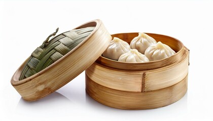 Obraz premium Steamed dumplings in a bamboo steamer