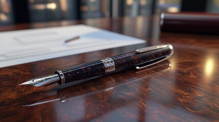 Luxury fountain pen rests on rich wood desk near contract.