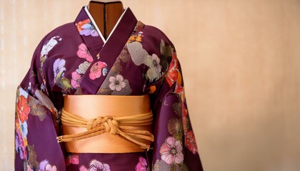 Naklejka premium Elegant purple kimono with floral print and obi.
