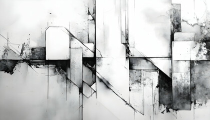 Abstract grayscale artwork featuring geometric shapes, lines, and textures; evokes a sense of modern architecture or urban landscapes.