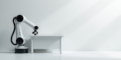 A robotic arm poised above a minimalist white table against a bright backdrop, symbolizing automation and innovation in a clean, modern workspace.