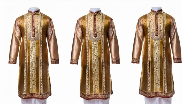 Three gold embroidered men's kurtas on display.