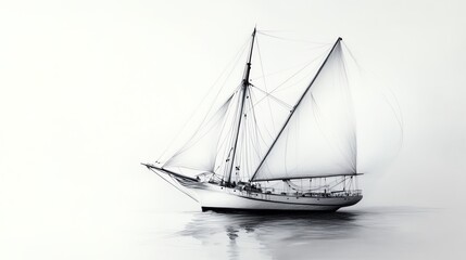 Obraz premium A serene, monochrome image of a classic sailing ship with billowing sails, gently gliding across calm waters.