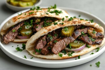 Grilled Steak Pita Pockets With Pickles and Onions