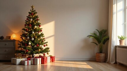 A sunlit room features a decorated Christmas tree, presents, and potted plants, creating a festive and serene atmosphere