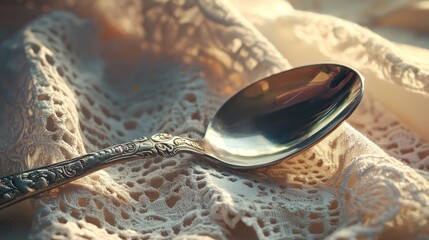 Fototapeta premium Ornate silver spoon on delicate lace fabric.