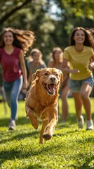 Friends Engaging in Community Dog Training Session in Local Park