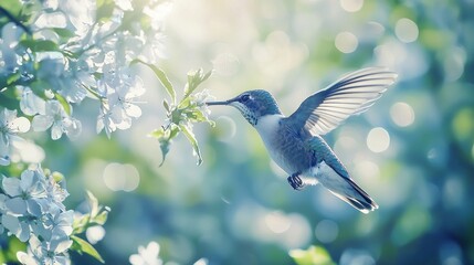 Fototapeta premium Hummingbird feeding on blossoms in spring.