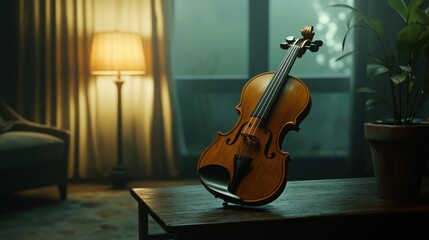 Fototapeta premium Violin resting on a coffee table in a dimly lit room.