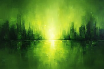 Obraz premium Green city skyline reflected in calm water at sunrise.