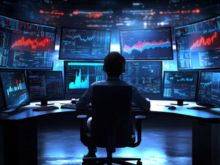 A data analyst intently monitors multiple screens displaying intricate financial charts and graphs, analyzing market trends to make informed trading decisions in a high-tech environment.