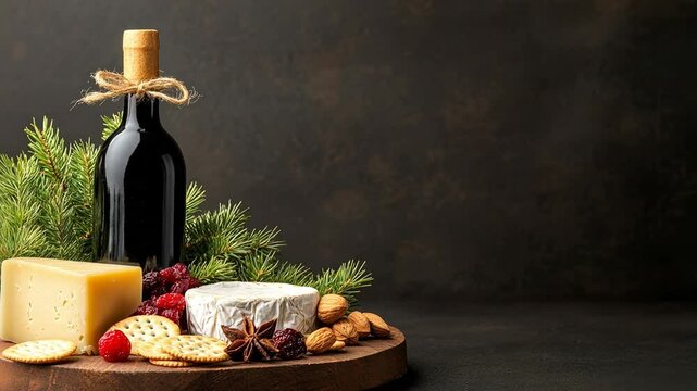 Elegant cheese and wine platter with festive decorations