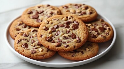 Plate of Freshly Baked Chocolate Chip Cookies on a Marble Surface