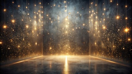 Golden Shimmering Lights and Sparkling Dust in a Dark Room with Reflective Floor