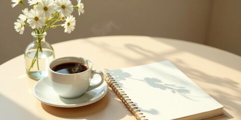 A Serene Morning  Warm sunlight illuminates a table setting with a cup of steaming coffee, a blank notebook, and a delicate bouquet of white daisies, creating a peaceful and inviting atmosphere.