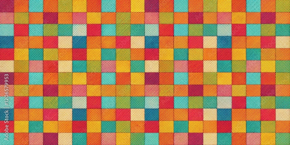 Wall mural vibrant multicolored square grid pattern design with a textured effect, ideal for textile, fashion, 
