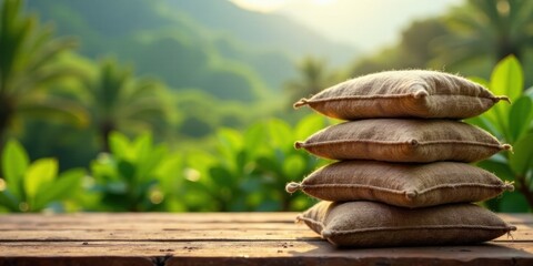 Rustic Burlap Sacks Stacked on Wooden Table Against a Lush Green Landscape Background at Sunset