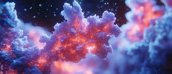 Luminous Particle Cluster: A vibrant abstract image depicting a glowing cluster of particles in shades of blue, purple, orange, and red, creating a sense of cosmic energy and movement.