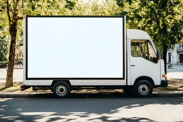 Blank menu board on sleek food truck parked in urban park setting, inviting creativity and culinary exploration