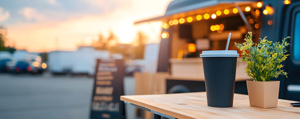 food truck scene featuring coffee cup and potted plant, with sunset backdrop