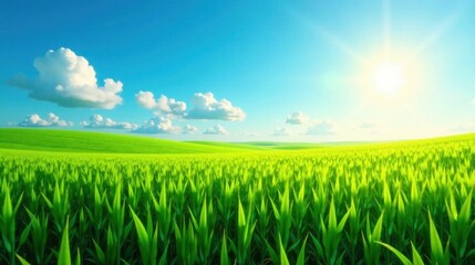 Serene landscape of vibrant green field under a bright sunny sky with fluffy clouds, showcasing the beauty of nature's tranquil expanse