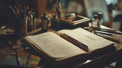 Artist's sketchbook with pencils and paints on a wooden table.