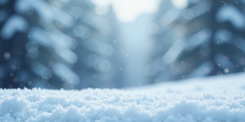 Serene Winter Landscape A Close-Up View of Fresh Snow with a Soft Focus Background of Snowy Trees and Gentle Falling Snowflakes