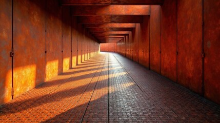 Sunlit Rusty Passageway Architectural Corridor with Oxidized Metal Walls and Textured Paving