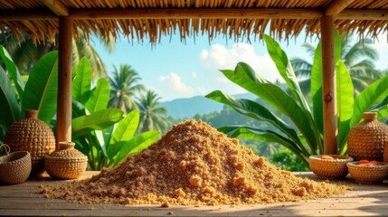 A sunlit pile of granulated substance rests on a wooden surface beneath a thatched roof, surrounded by woven baskets and lush tropical foliage.
