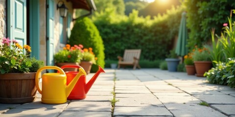 Brightly colored watering cans rest on a sun-drenched patio, surrounded by vibrant potted flora and lush greenery.