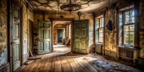 Fototapeta premium A Sunlit Glimpse into a Derelict Mansion's Grand Hall, Revealing Aged Wooden Doors, Decaying Walls, and a Dusty, Sun-Drenched Floor