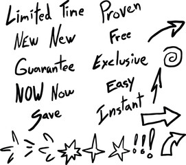 Hand drawn marketing terms buzzwords for product selling with doodle arrows, stars and action lines vector illustration. Hand written.