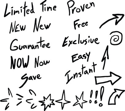Hand drawn marketing terms buzzwords for product selling with doodle arrows, stars and action lines vector illustration. Hand written.