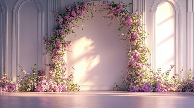 Floral archway in a classic room, bathed in sunlight. Perfect for wedding invitations, romantic themes, or elegant designs.