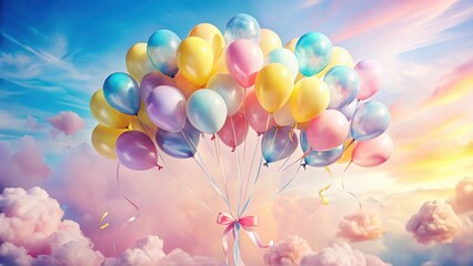 Fototapeta premium A cluster of pastel-colored balloons ascends into a dreamy, cotton-candy sky, tied with a delicate ribbon, creating a whimsical and celebratory scene.