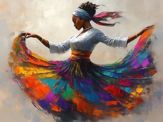 African woman dancing colorful skirt, art