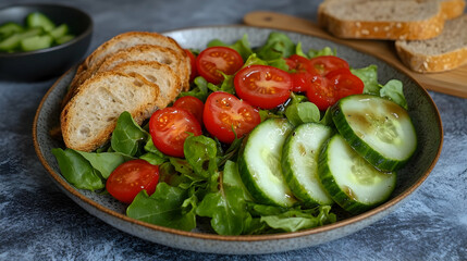 A vibrant summer salad featuring fresh cucumbers, ripe tomatoes, crisp lettuce, and toasted bread. Perfect for a light lunch or healthy side dish.
