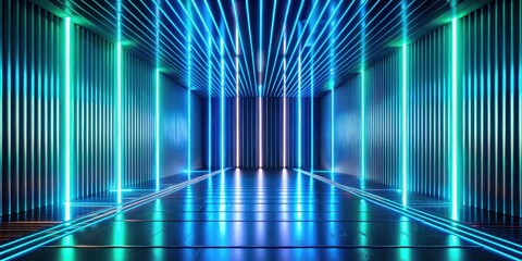 Abstract Futuristic Neon Corridor with Vibrant Blue and Teal Lighting Effects on a Reflective Floor