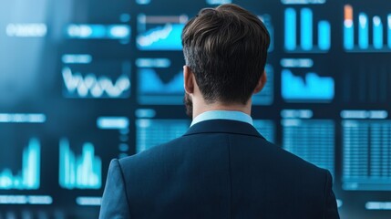Businessman Standing in Front of Holographic Wall Analyzing Digital Data and Analytics
