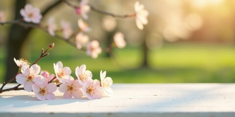 Delicate Spring Blossoms Resting on a Light Wooden Surface in a Sunlit Garden