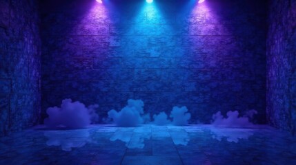 Enigmatic Blue and Purple Lit Brick Room with Vaporous Clouds on Floor