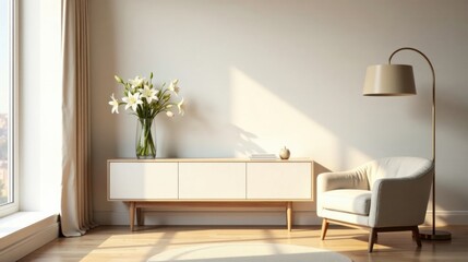 Serene Minimalist Living Room Interior Design Featuring a Modern Sideboard, Comfortable Armchair, and Elegant Floor Lamp Accented by a Vase of Fresh Cut Lilies in Sunlight