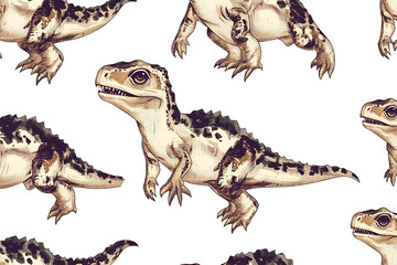 Fototapeta premium Colorful illustrations of prehistoric creatures in a seamless pattern on a white background