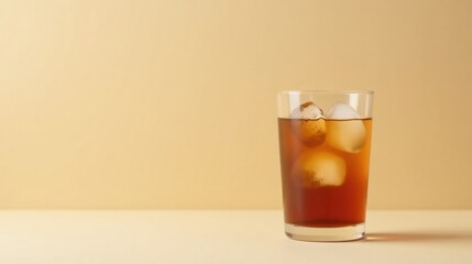 Refreshing Iced Beverage in a Glass with Ice Cubes on a Pale Yellow Surface