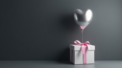 A Silver Heart-Shaped Balloon Floats Above a Delicately Wrapped Present, a Symbol of Affection and Celebration