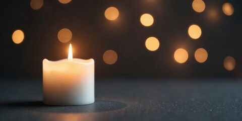 A single lit candle glows softly against a dark background of shimmering lights, creating a peaceful and contemplative scene.